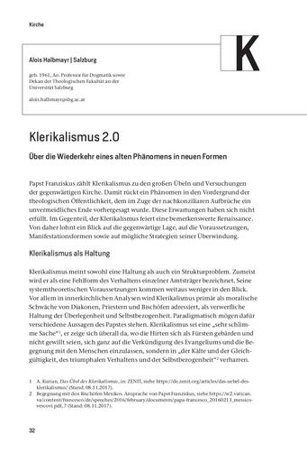 Nachfolge | Kirche | Alois Halbmayr  Klerikalismus 2.0. Über die Wiederkehr eines alten Phänomens in neuen Formen [32-38]