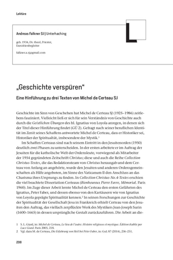 Lektüre | Andreas Falkner SJ „Geschichte verspüren“. Eine Hinführung zu drei Texten von Michel de Certeau SJ [208-211]