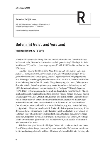Reflexion | Katharina Karl Beten mit Geist und Verstand. Tagungsbericht AGTS 2016 [91-94]