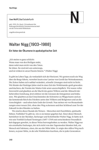 Nachfolge | Uwe Wolff Walter Nigg (1903-1988). Ein Vater der Ökumene in apokalyptischer Zeit [240-248]