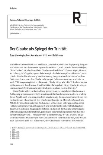 Reflexion | Rodrigo Polanco Der Glaube als Spiegel der Trinität. Zum theologischen Ansatz von H. U. von Balthasar [200-208]