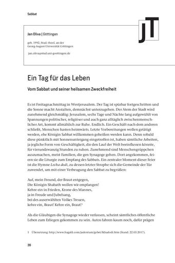 Nachfolge | Junge Theologie | Jan Oliva Ein Tag für das Leben. Vom Sabbat und seiner heilsamen Zweckfreiheit [39-44]